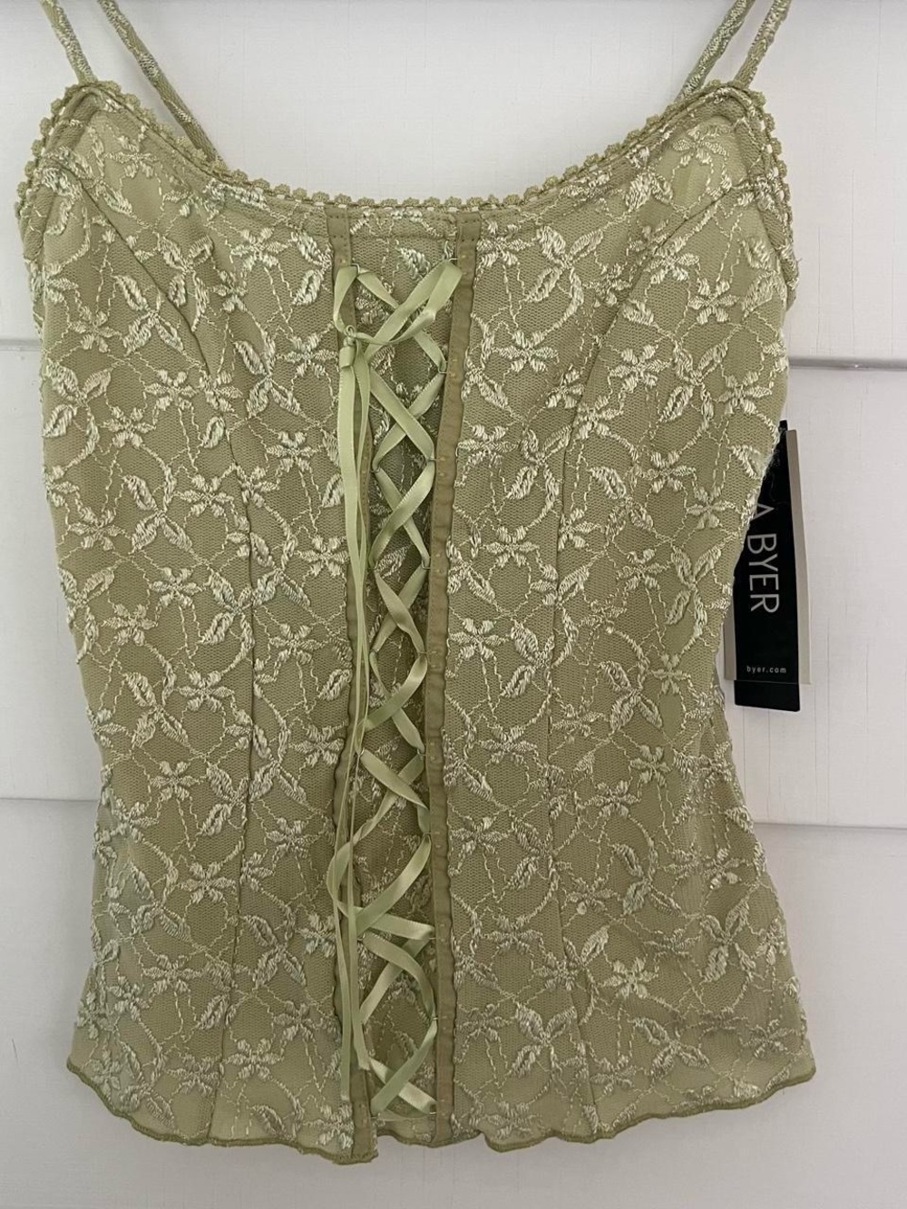 NWT Y2K Fairycore A. Byer Lace-Up Olive Green Lace Corset-Style Cami Top